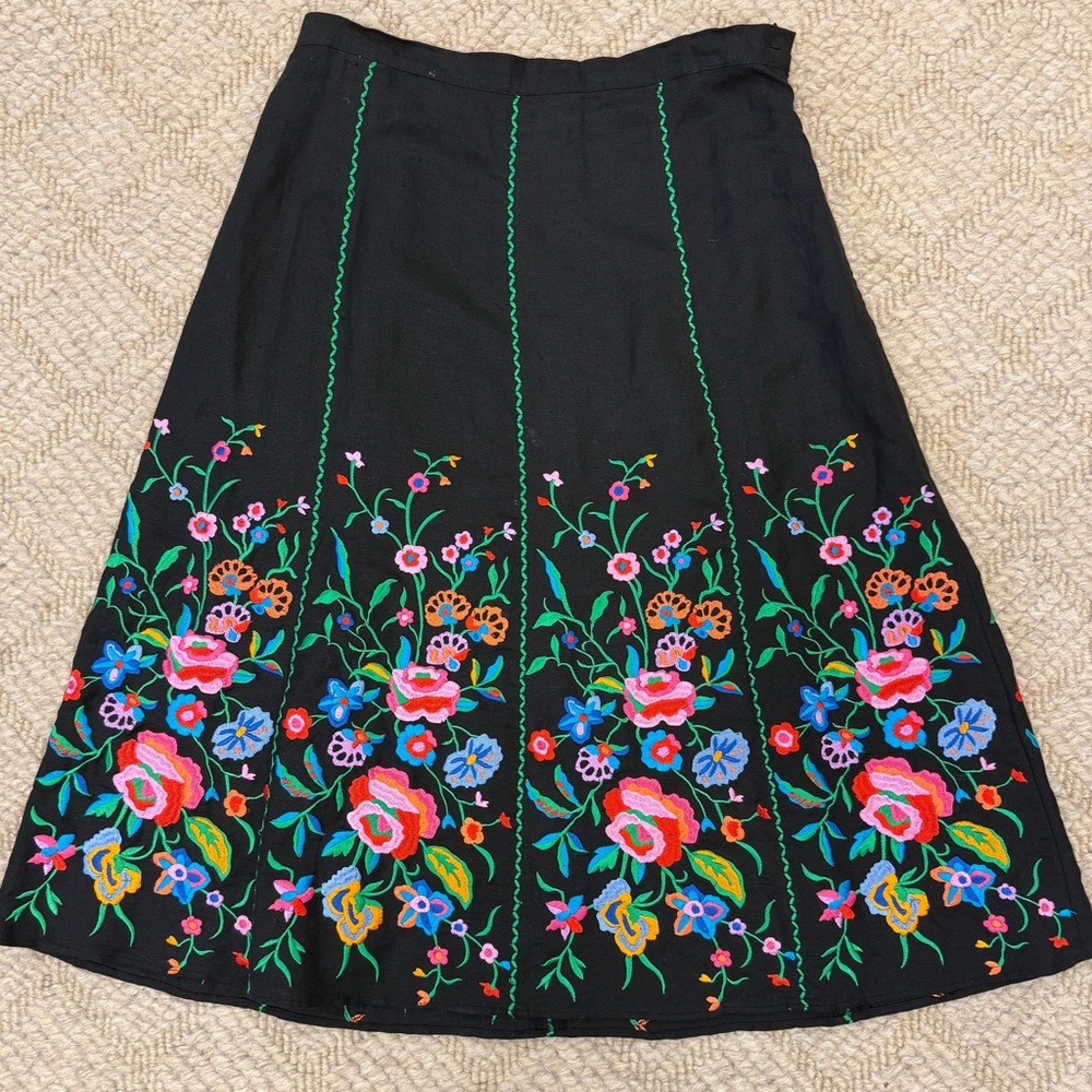 Linea by Louis Dell'Olio Black Skirt with Colorful Floral Embroidery